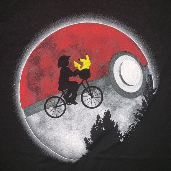 Teefury Pokemon ET E.T. Ash Pikachu T Shirt Tee Alien Spoof Mashup Pokeball Moon - Picture 1 of 4